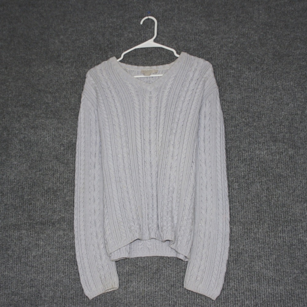 J. Crew Cable Knit V Neck Sweater Light Blue Cotton Women Size L Cozy